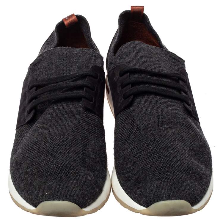 Pre Owned Loro Piana Dark Grey Knit Fabric And Nubuck Slip On Sneakers Size 45
