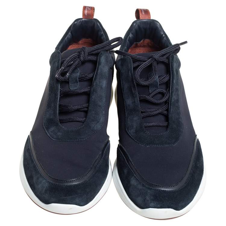Pre Owned Loro Piana Navy Blue Suede And Neoprene Modular Walk Sneakers Size 43.5