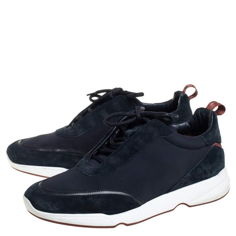Pre Owned Loro Piana Navy Blue Suede And Neoprene Modular Walk Sneakers Size 43.5