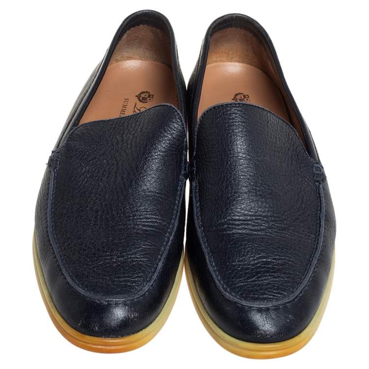 Pre Owned Loro Piana Navy Blue Leather Summer Walk Slip On Loafers Size 43.5