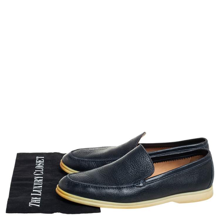 Pre Owned Loro Piana Navy Blue Leather Summer Walk Slip On Loafers Size 43.5