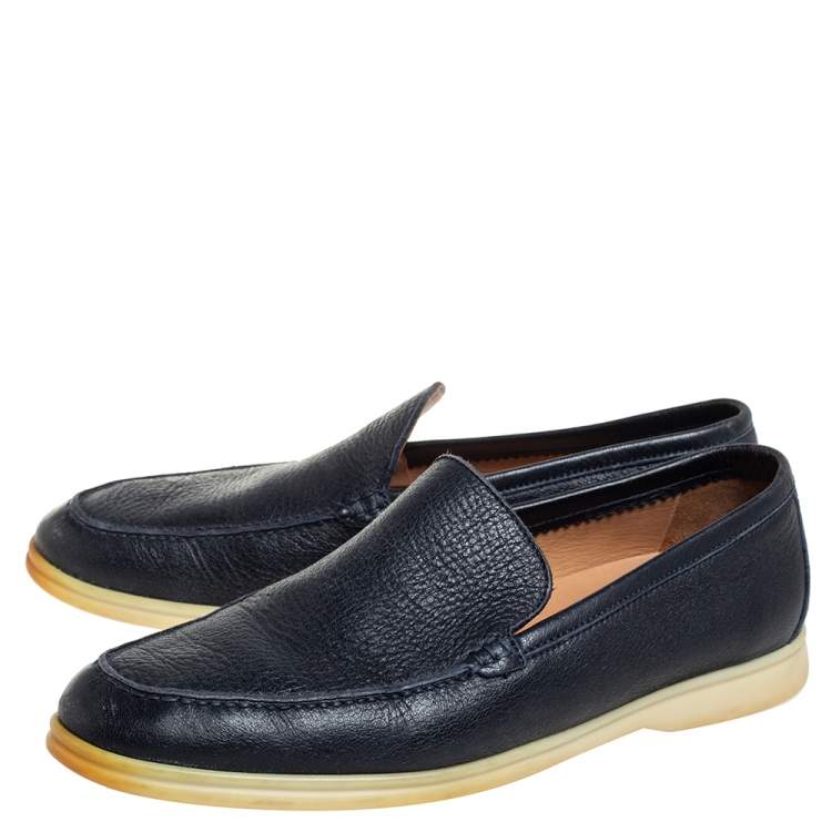 Pre Owned Loro Piana Navy Blue Leather Summer Walk Slip On Loafers Size 43.5