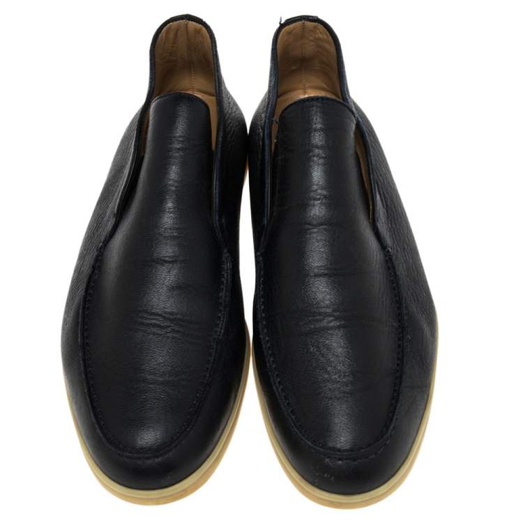 Pre Owned Loro Piana Dark Navy Blue Leather Summer Walk Slip On Loafers Size 43