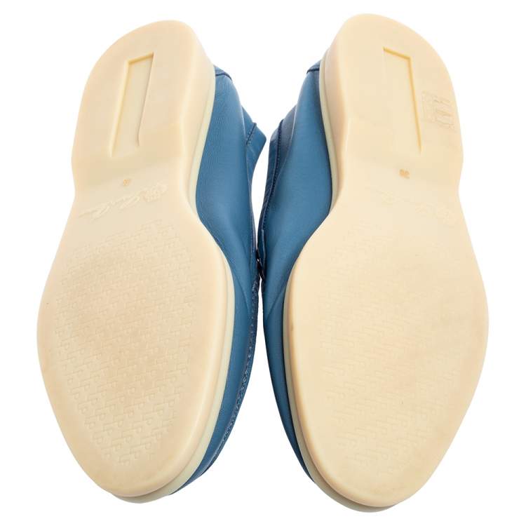 Pre Owned Loro Piana Cornflower Blue Leather Summer Walk Slip On Loafers Size 39