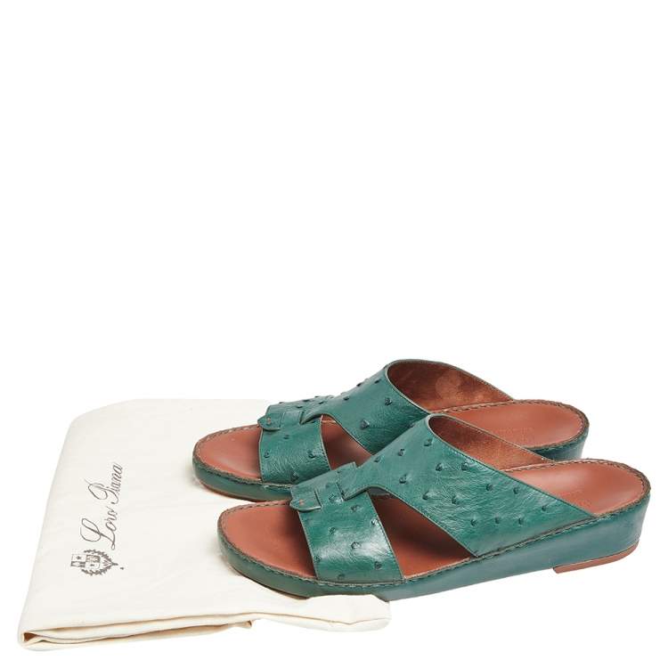 Pre Owned Loro Piana Green Ostrich Leather Slip on Sandals Size 44