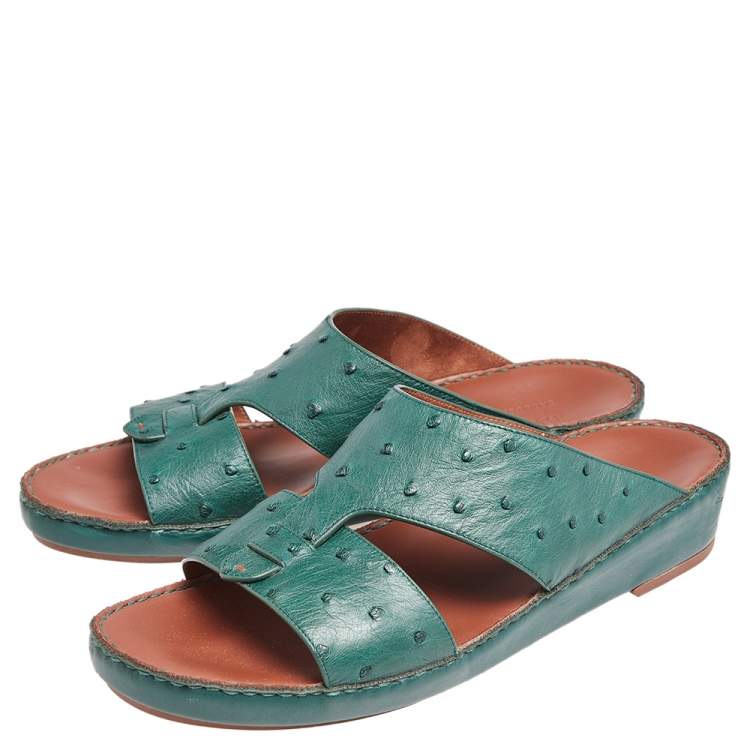 Pre Owned Loro Piana Green Ostrich Leather Slip on Sandals Size 44