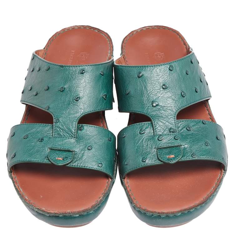 Pre Owned Loro Piana Green Ostrich Leather Slip on Sandals Size 44