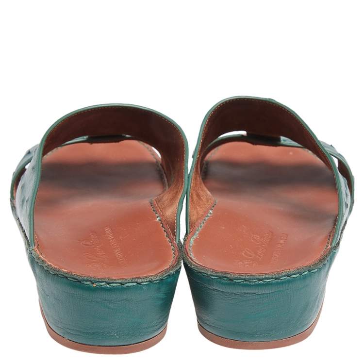 Pre Owned Loro Piana Green Ostrich Leather Slip on Sandals Size 44