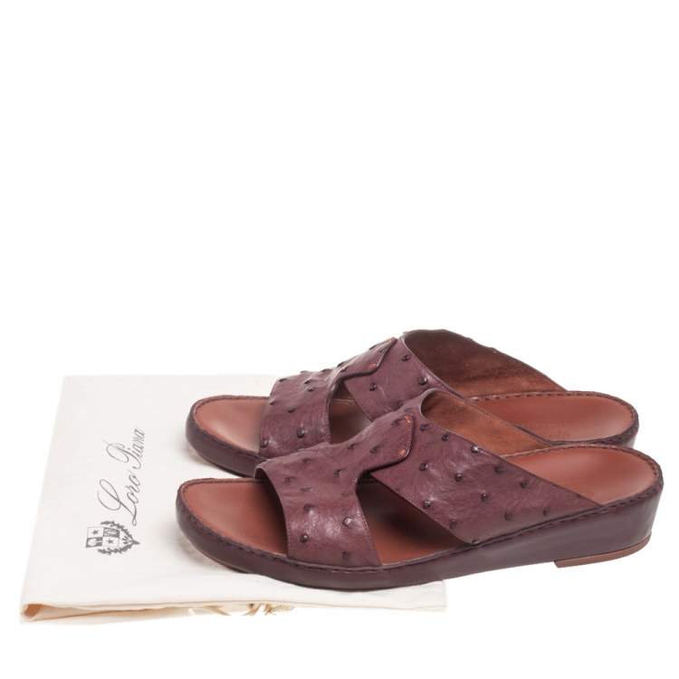 Pre Owned Loro Piana Burgundy Ostrich Leather Slip on Sandals Size 44