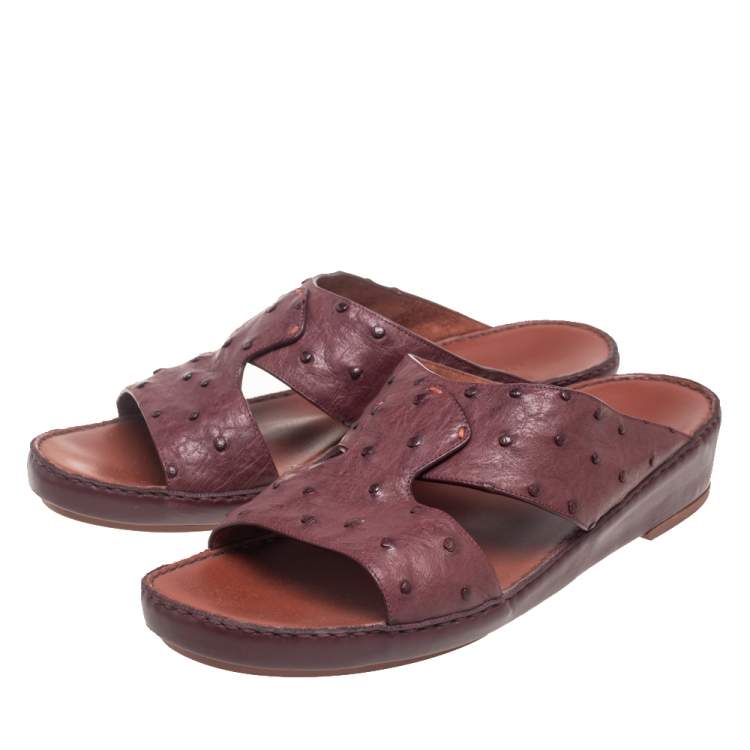 Pre Owned Loro Piana Burgundy Ostrich Leather Slip on Sandals Size 44