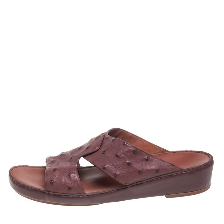 Pre Owned Loro Piana Burgundy Ostrich Leather Slip on Sandals Size 44
