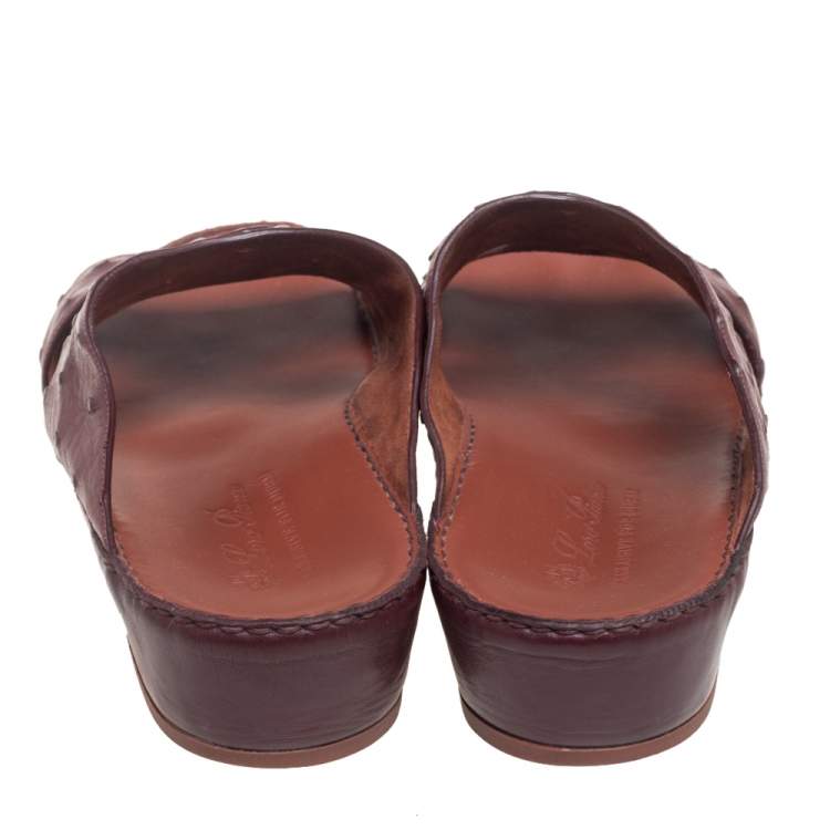 Pre Owned Loro Piana Burgundy Ostrich Leather Slip on Sandals Size 44