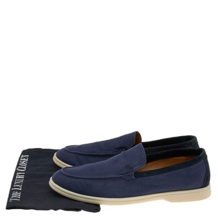 Pre Owned Loro Piana Blue Canvas And Suede 'Summer Walk' Slip On Loafers Size 45