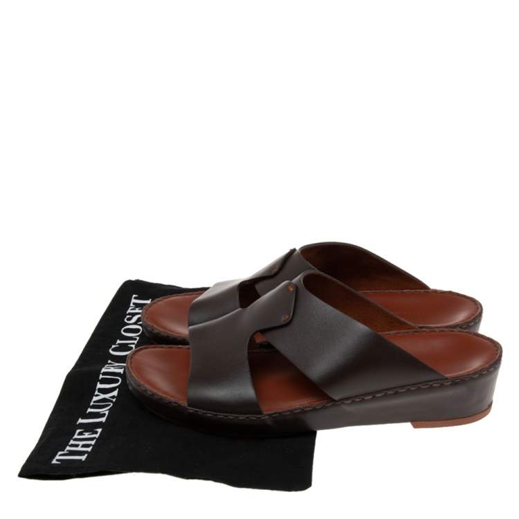 Pre Owned Loro Piano (Exclusive for Dubai) Dark Brown Leather Slide Sandals Size 41