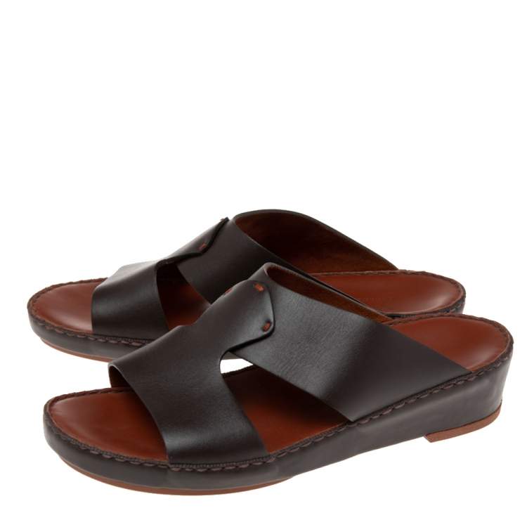 Pre Owned Loro Piano (Exclusive for Dubai) Dark Brown Leather Slide Sandals Size 41