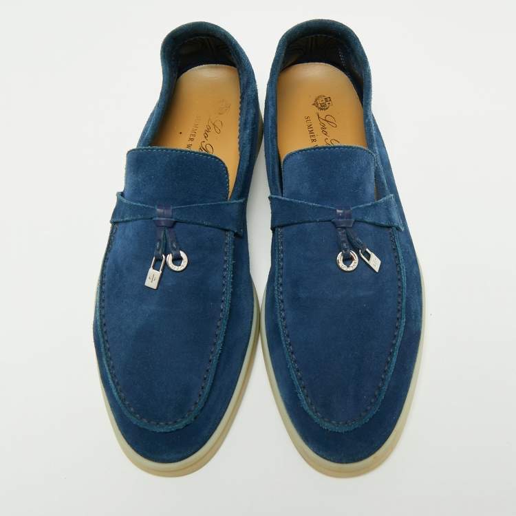 Pre Owned Loro Piana Blue Suede Summer Walk Charms Piping Loafer Size 40