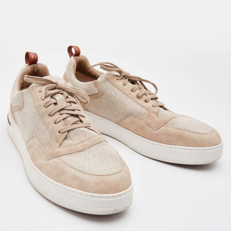 Pre Owned Loro Piano Beige Suede and Woven Fabric New Port Low Top Sneakers Size 46