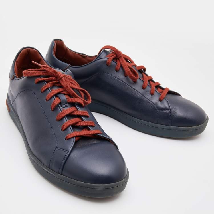 مملوكة مسبقًا Loro Piana Navy Blue Leather 360 Flexy Walker Low Top Sneakers Size 46