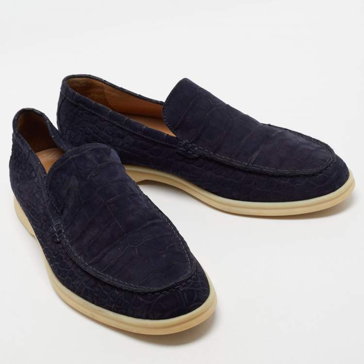 Pre Owned Loro Piana Navy Blue Croc Embossed Leather Loafers Size 41