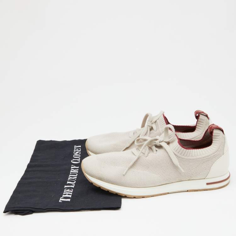 مملوكة مسبقًا Loro Piana Grey/Cream Knit Fabric and Leather 360 Flexy Walker Slip On Sneakers Size 43