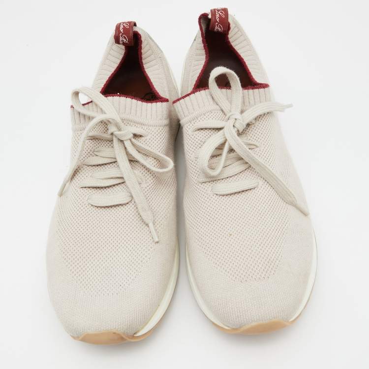 مملوكة مسبقًا Loro Piana Grey/Cream Knit Fabric and Leather 360 Flexy Walker Slip On Sneakers Size 43