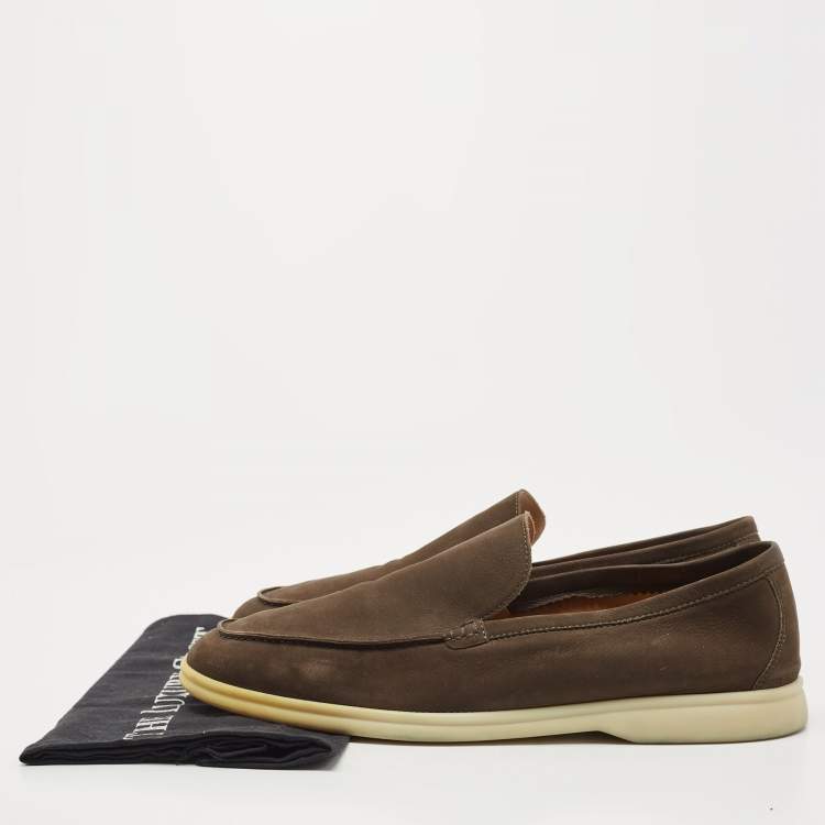 مملوكة مسبقًا Loro Piana Olive Green Nubuck Leather Summer Walk Slip On Loafers Size 43