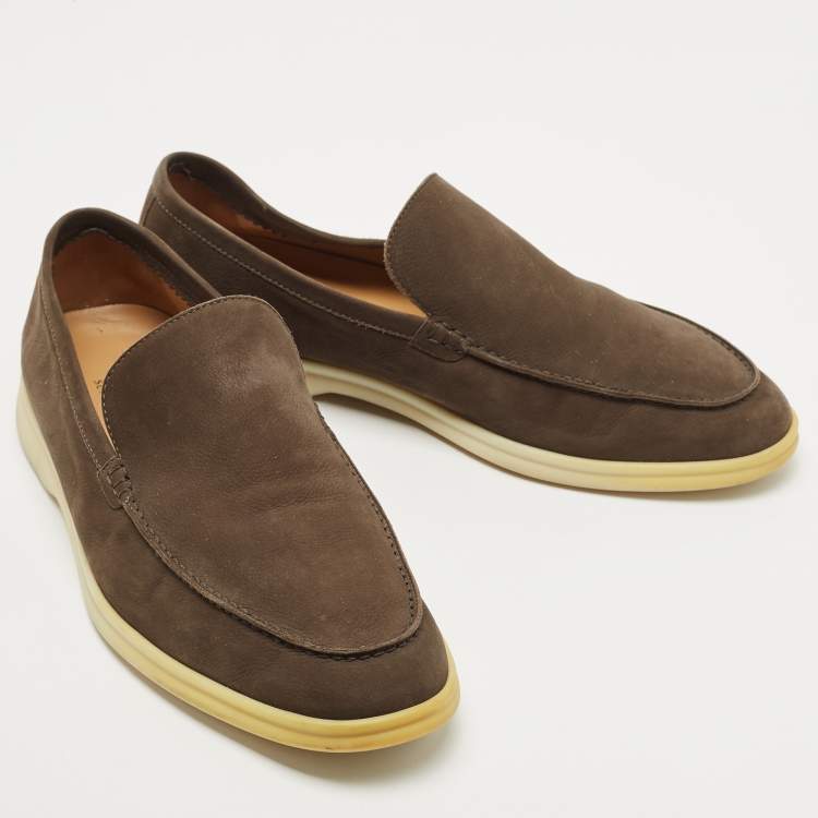 مملوكة مسبقًا Loro Piana Olive Green Nubuck Leather Summer Walk Slip On Loafers Size 43