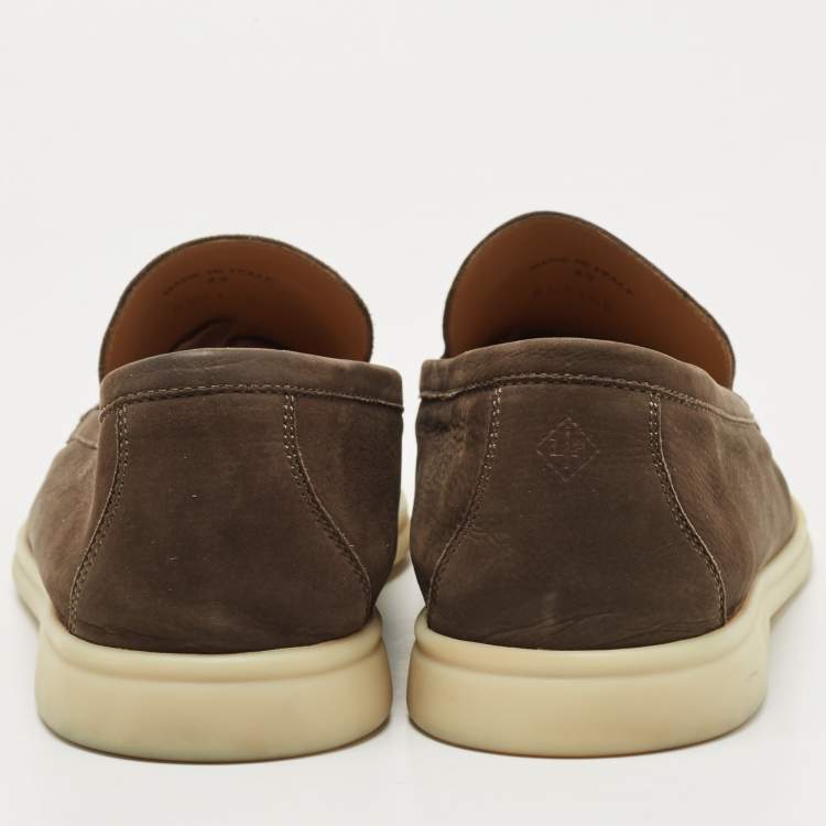 مملوكة مسبقًا Loro Piana Olive Green Nubuck Leather Summer Walk Slip On Loafers Size 43
