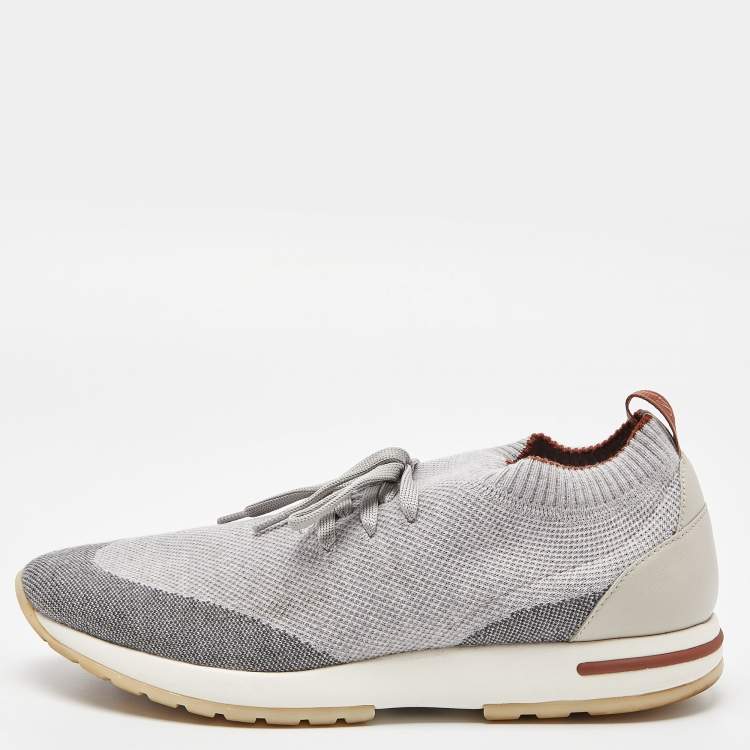 Pre Owned Loro Piana Grey Knit Fabric and Leather 360 Flexy Walker Slip On Sneakers Size 40