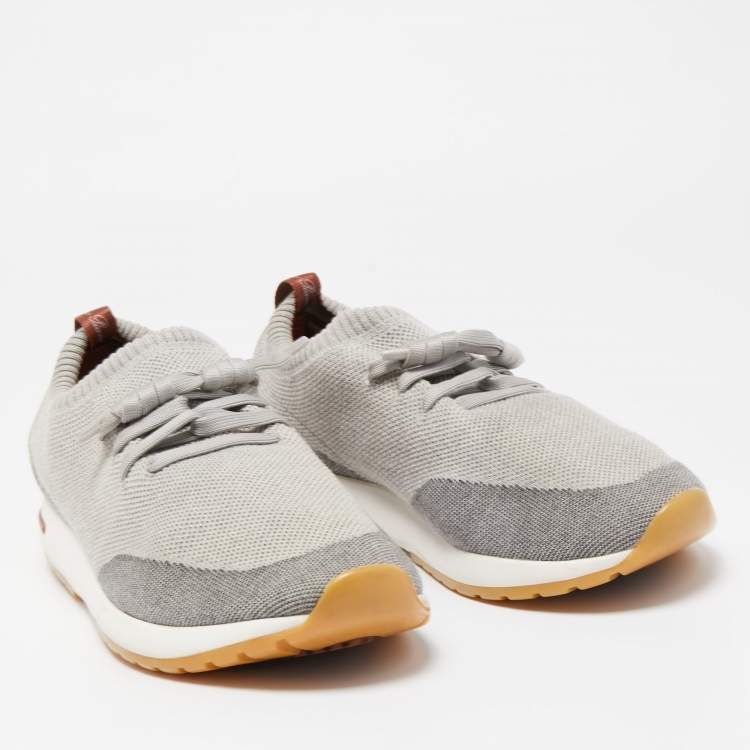 Pre Owned Loro Piana Grey/Cream Knit Fabric and Leather 360 Flexy Walker Slip On Sneakers Size 43