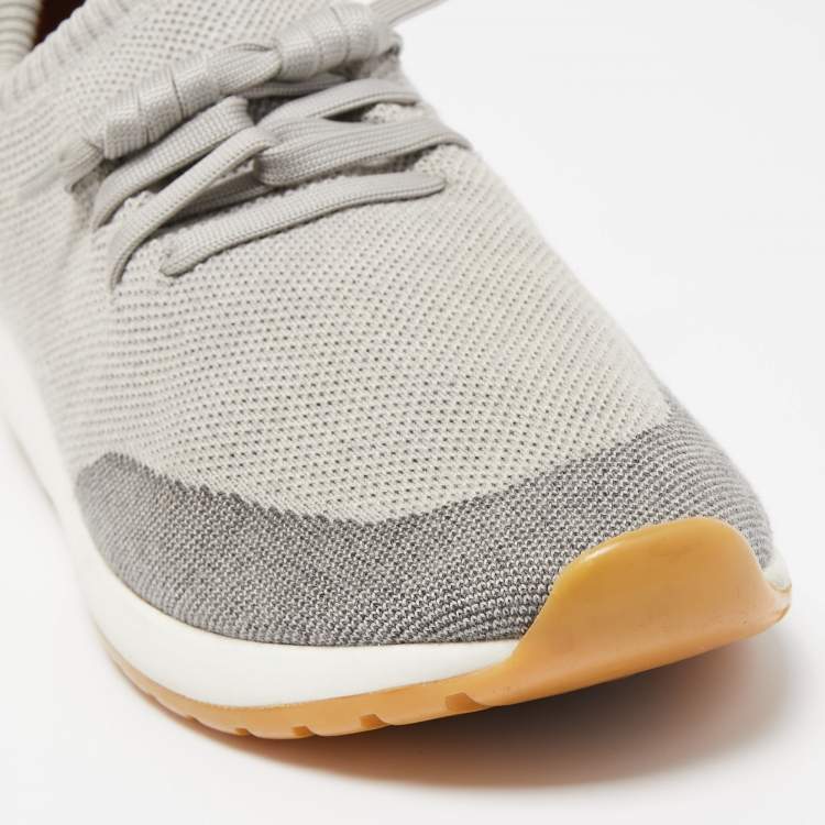 Pre Owned Loro Piana Grey/Cream Knit Fabric and Leather 360 Flexy Walker Slip On Sneakers Size 43