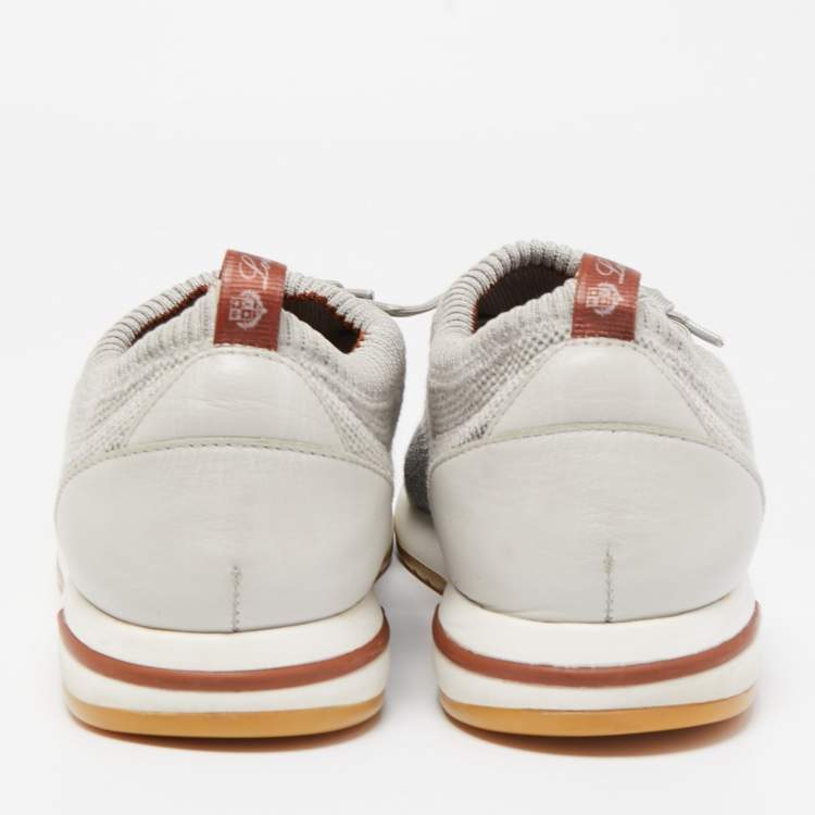 Pre Owned Loro Piana Grey/Cream Knit Fabric and Leather 360 Flexy Walker Slip On Sneakers Size 43