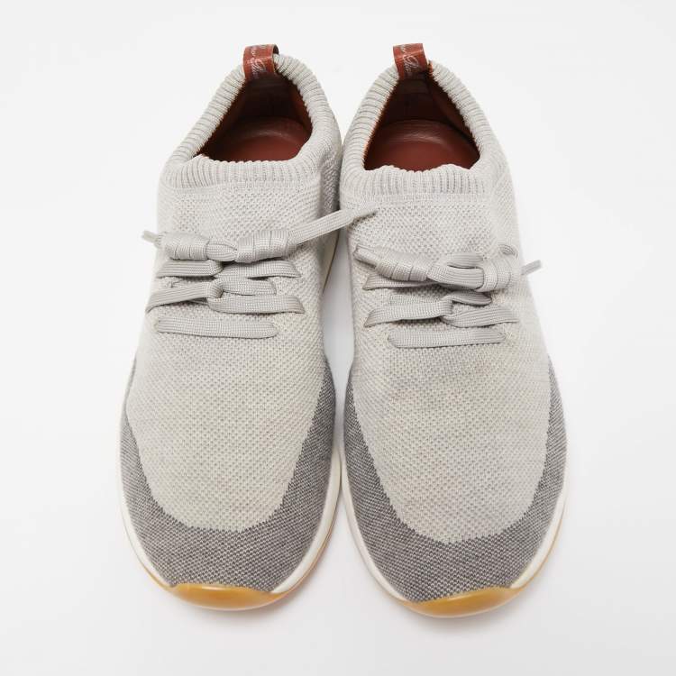 Pre Owned Loro Piana Grey/Cream Knit Fabric and Leather 360 Flexy Walker Slip On Sneakers Size 43