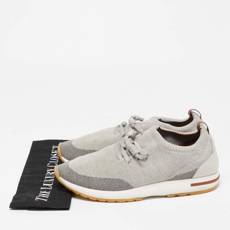 Pre Owned Loro Piana Grey/Cream Knit Fabric and Leather 360 Flexy Walker Slip On Sneakers Size 43