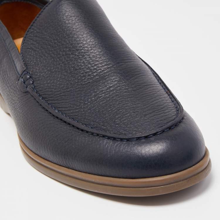 مملوكة مسبقًا Loro Piana Navy Blue Leather Summer Walk Loafers Size 48