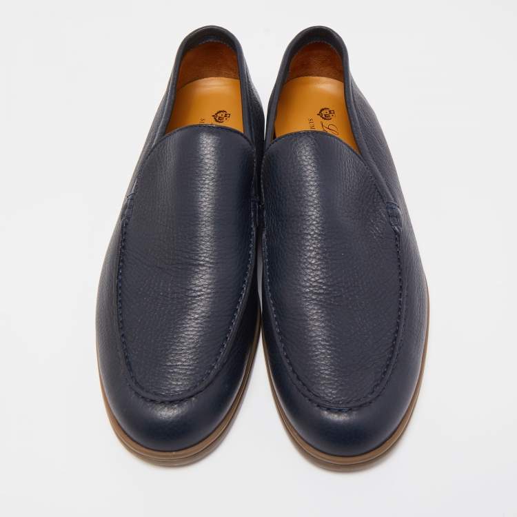 مملوكة مسبقًا Loro Piana Navy Blue Leather Summer Walk Loafers Size 48