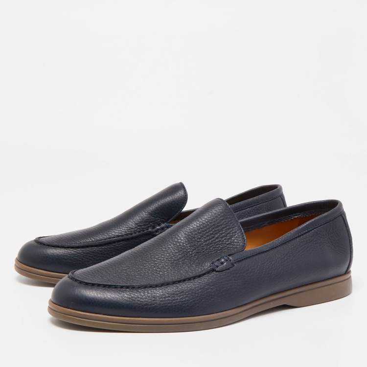 مملوكة مسبقًا Loro Piana Navy Blue Leather Summer Walk Loafers Size 48