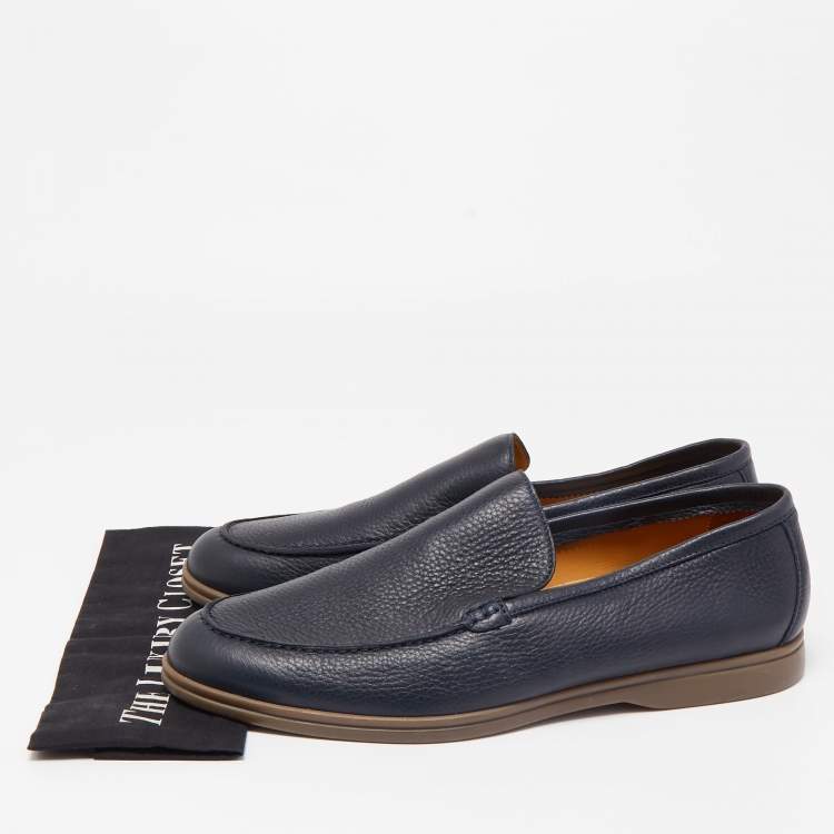 مملوكة مسبقًا Loro Piana Navy Blue Leather Summer Walk Loafers Size 48