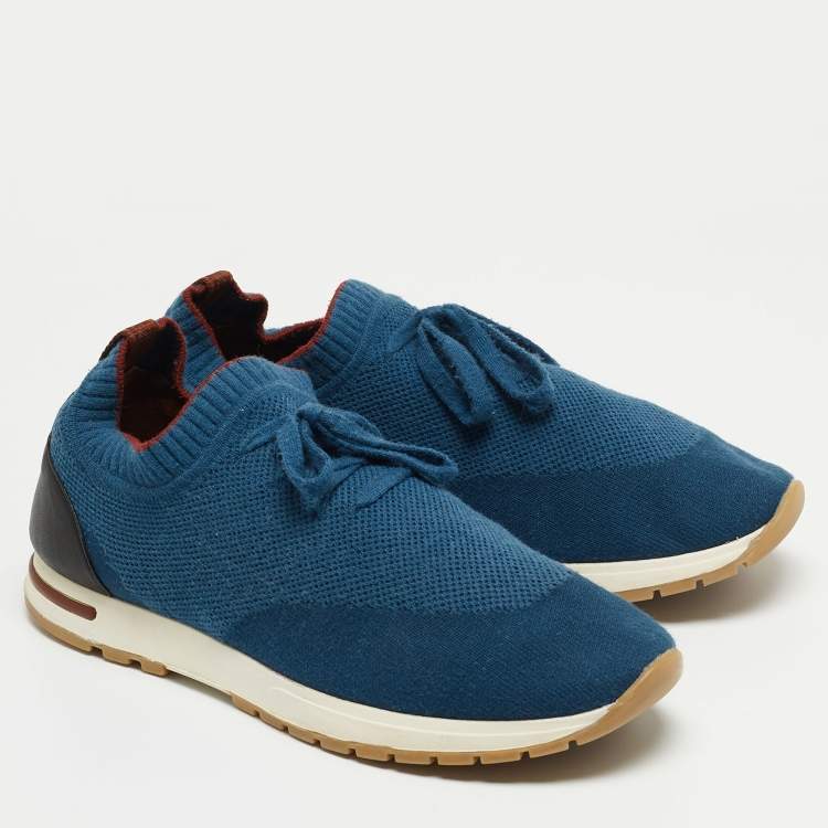 Pre Owned Loro Piana Blue/Black Knit Fabric and Leather Low Top Sneakers Size 41  