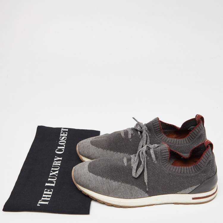 Pre Owned Loro Piana Grey Knit Fabric and Leather 360 Flexy Walker Slip On Sneakers Size 41