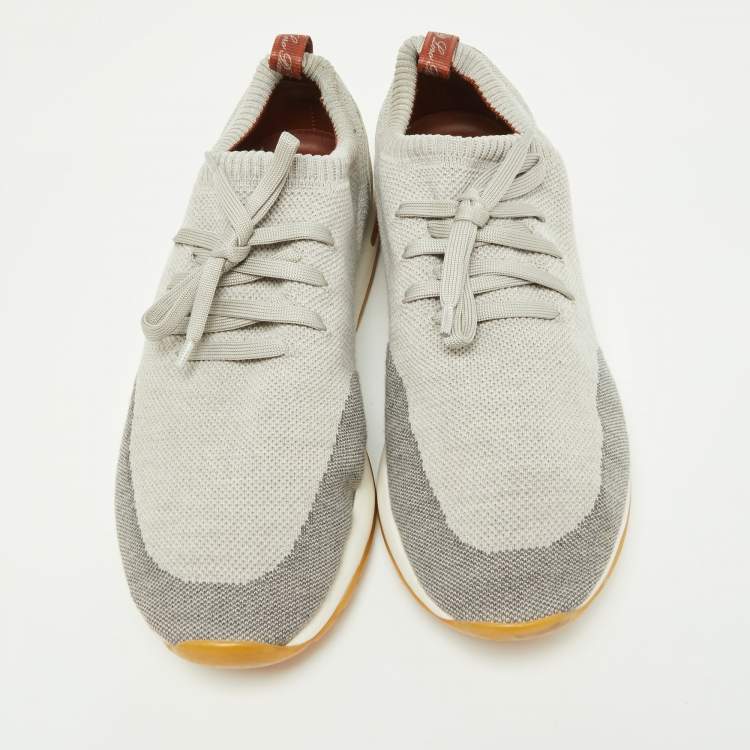 مملوكة مسبقًا Loro Piana Grey Knit Fabric and Leather 360 Flexy Walker Slip On Sneakers Size 45