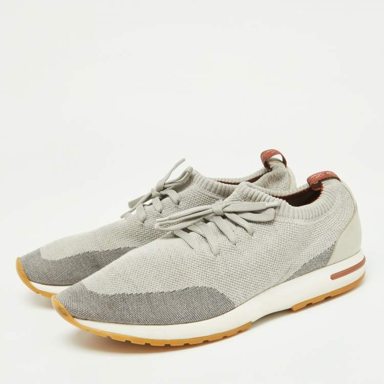 مملوكة مسبقًا Loro Piana Grey Knit Fabric and Leather 360 Flexy Walker Slip On Sneakers Size 45