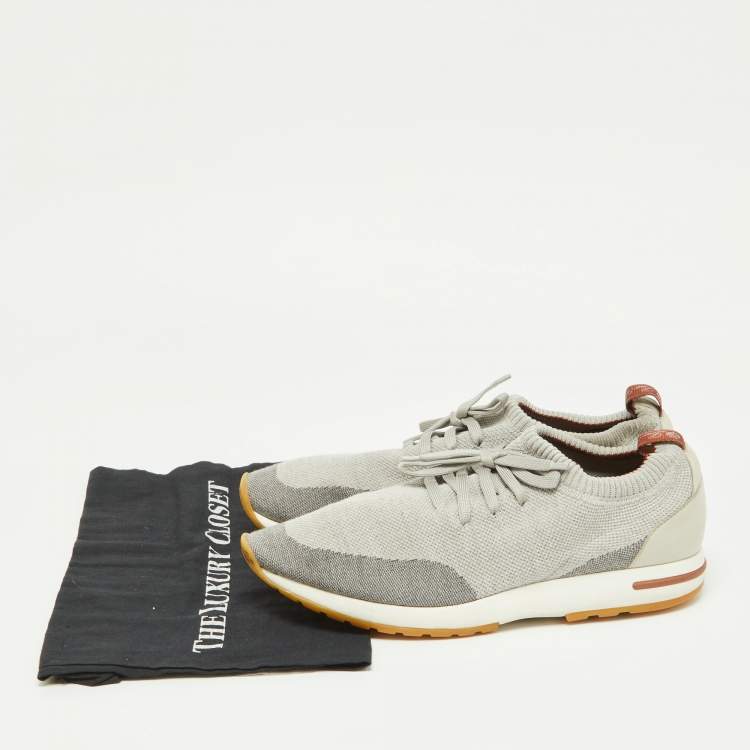 مملوكة مسبقًا Loro Piana Grey Knit Fabric and Leather 360 Flexy Walker Slip On Sneakers Size 45