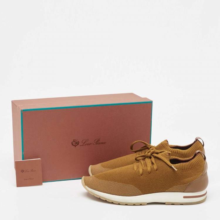 Pre Owned Loro Piana Mustard Knit Fabric and Leather 360 Flexy Walker Slip On Sneakers Size 44