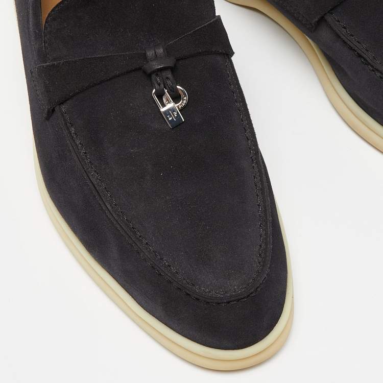Pre Owned Loro Piana Black Suede Summer Charms Walk Slip On Loafers Size 41.5