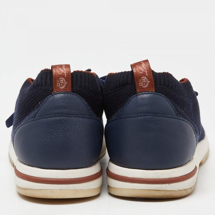 Pre Owned Loro Piana Navy Blue Knit Fabric and Leather 360 Flexy Walker Sneakers Size 40