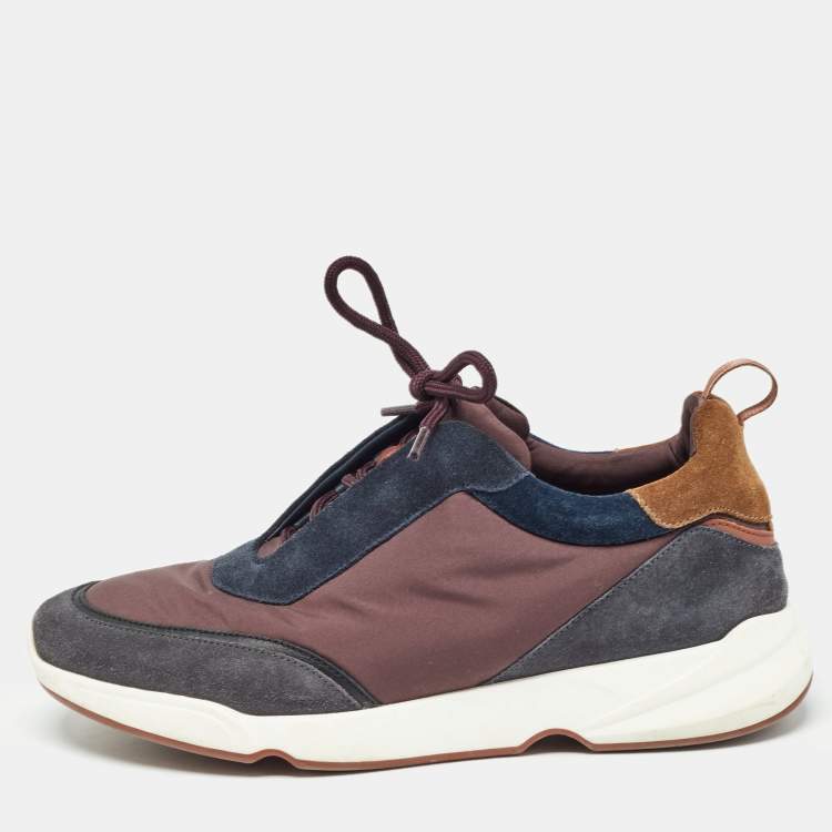 Pre Owned Loro Piana Brown/Navy Blue Suede Modular Walk Sneakers Size 40.5