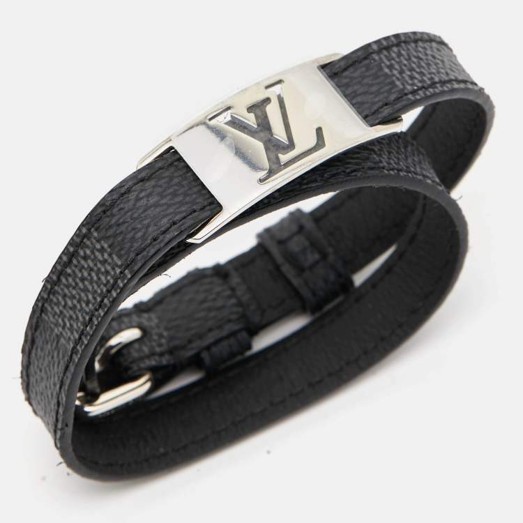 Pre Owned Louis Vuitton Sign It Damier Leather Silver Tone Double Wrap Bracelet