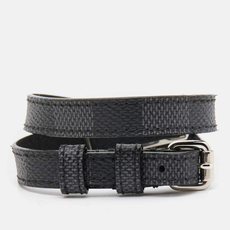 Pre Owned Louis Vuitton Sign It Damier Leather Silver Tone Double Wrap Bracelet