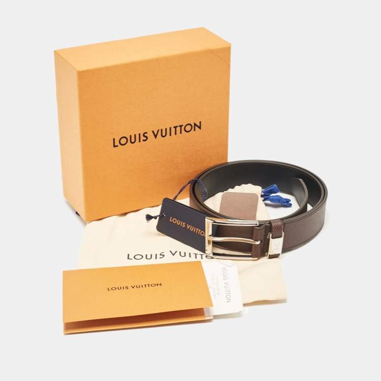 Pre Owned Louis Vuitton Brown Taiga Leather LV City Pin Buckle Belt 85 CM